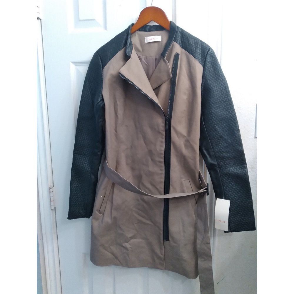 Stylish Trench Coat Faux Leather Sleeve Belted Asymmetric Zip‎ Front Taupe Black